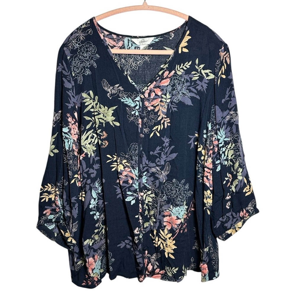 CJ Banks Floral V-Neck Long Sleeve Rayon Blouse Top Spring Blue Multi 1X